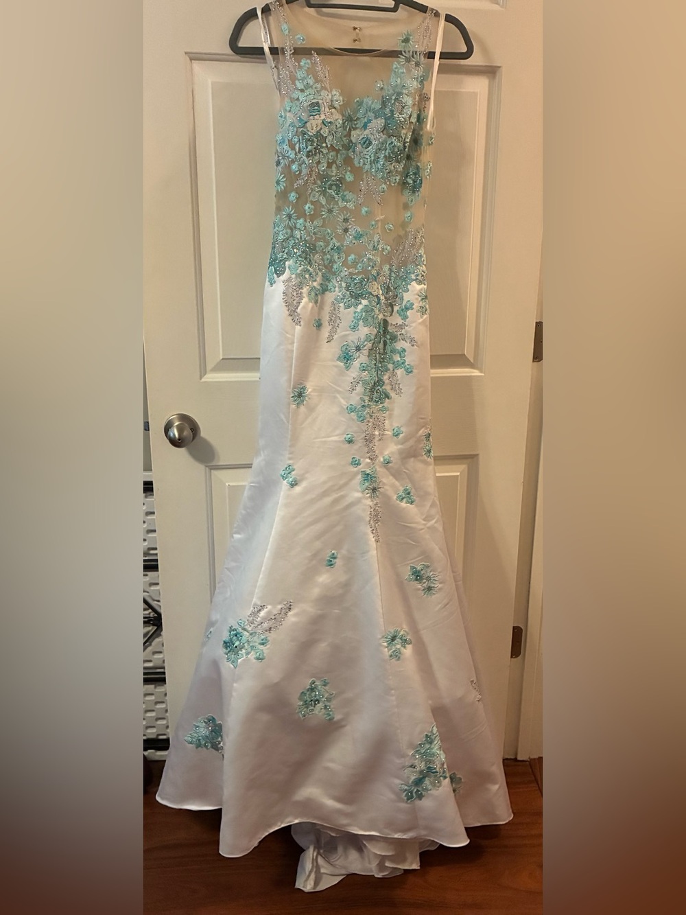 Rachel Allan White Gown with Aqua Floral Embroidery